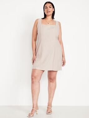 Old Navy Square Neck Linen Blend Mini Dress Tan Beige